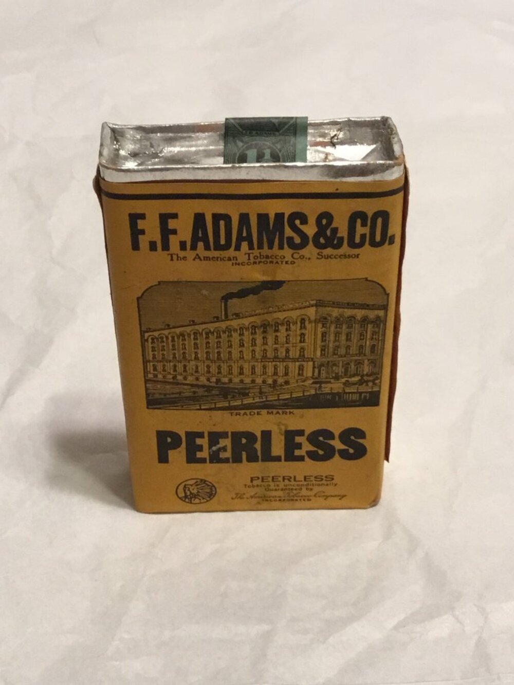 Antique F. F. Adams & Co. Peerless tobacco paper pocket tin - great advertising